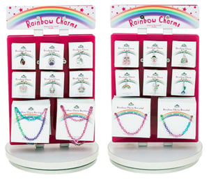 A display of rainbow charm bracelets and necklaces.