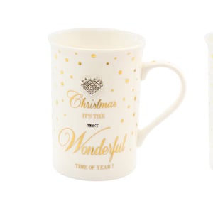 A mug that says "Christmas, it's the most wonderful time of year."