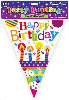 A party bunting that says "Happy Birthday" on it.