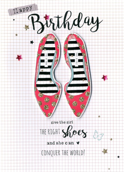 A happy birthday card with a pair of shoes on it.