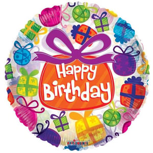 A happy birthday balloon with gifts on it.