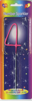 A pink number four sparkler in a colorful package.