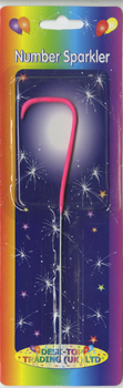 A pink number 7 sparkler is in a colorful package.