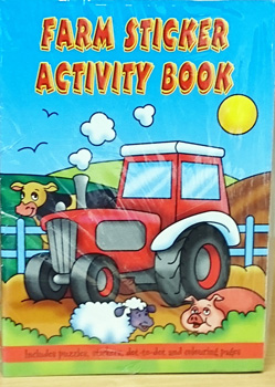 A farm sticker activity book with a tractor on the cover.
