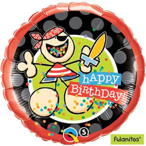A pirate balloon that says "happy birthday".
