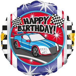 A happy birthday balloon with a blue race car on it.