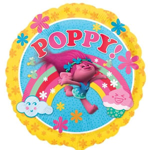 A troll's balloon that says "Poppy" on it.