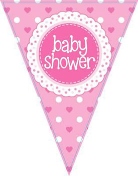 A pink and white baby shower banner with hearts and polka dots is correct.