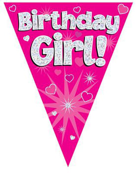"A pink birthday girl banner with hearts and stars."