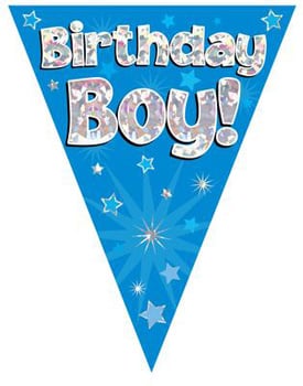 A blue birthday boy banner with stars on it.