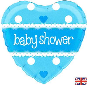 A blue heart-shaped balloon that says "baby shower."