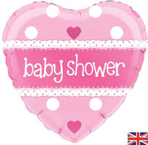 A pink heart-shaped balloon with the words "baby shower" written on it.