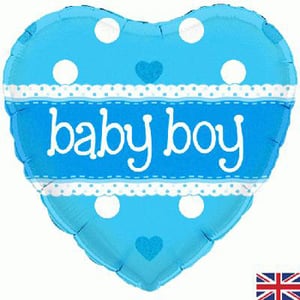 A blue heart-shaped balloon that says "baby boy."