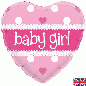 A pink heart-shaped balloon with the words "baby girl" written on it.
