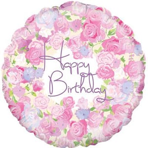 A happy birthday balloon with pink roses on it.