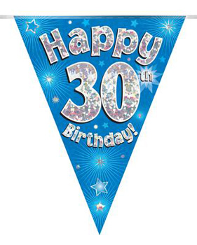 A blue, happy 30th birthday banner with stars and fireworks.