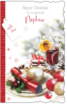 A Christmas card that says "Happy Christmas" to a special nephew.
