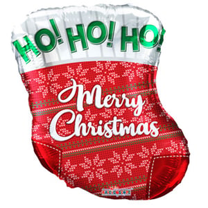 a red christmas stocking shaped balloon that says ho ho ho merry christmas