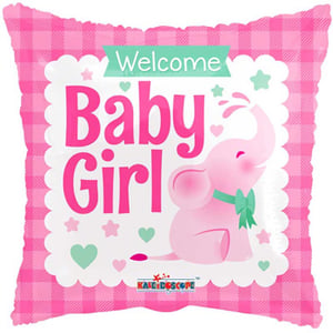 A pink balloon that says "Welcome baby girl."