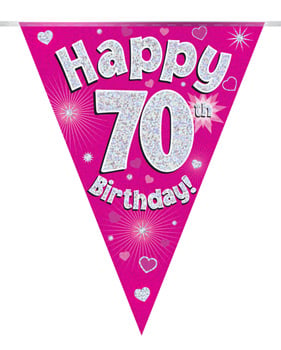 A pink banner that says "Happy 70th Birthday."