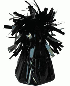 A black balloon weight with fringe is on a white background.