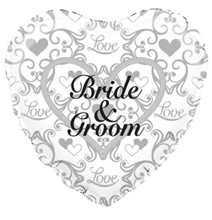 A heart-shaped balloon that says "bride and groom."