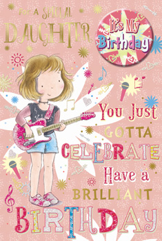 a birthday card for a special daughter with a girl playing a guitar