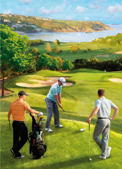 Three men playing golf on a lush green field.