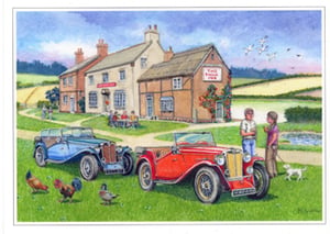 A painting of three old cars in front of a pub named the Two Horses Inn.