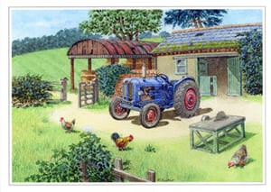 A painting of a blue tractor on a farm.