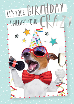 A birthday card is being depicted with a dog singing into a microphone.