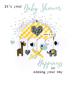 A baby shower card that says happiness is coming your way.