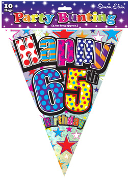 A colorful, happy 65th birthday party bunting.