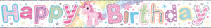 A happy birthday banner with unicorns and stars on it.