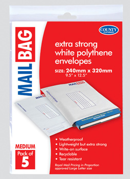 A package of extra strong white polythene envelopes.