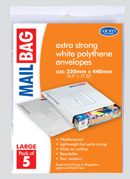 A package of extra-strong white polythene envelopes.
