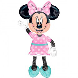 Minnie Mouse is wearing a pink polka dot dress and waving.