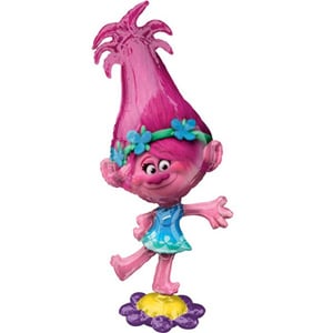 A troll balloon with pink hair and blue flowers.