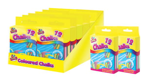 a box of coloured chalks sits next to two other boxes