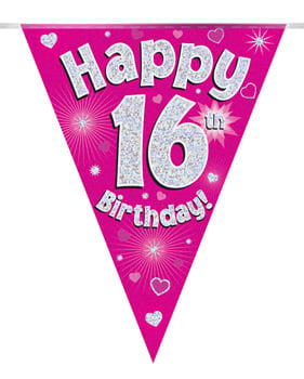 A pink banner which says happy 16th birthday.
