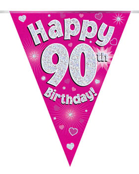 A pink banner that says "Happy 90th birthday."