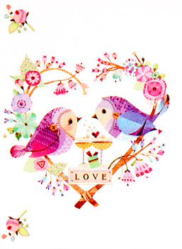 Two birds are sitting on a heart-shaped branch with a sign that says, "Love."