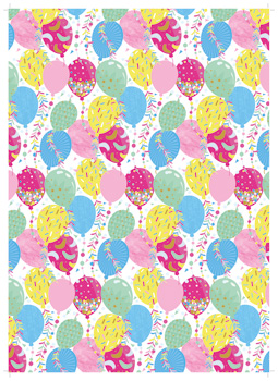A seamless pattern of balloons and confetti is on a white background.