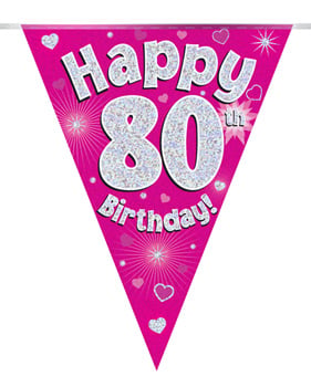 A pink banner that says "Happy 80th birthday."