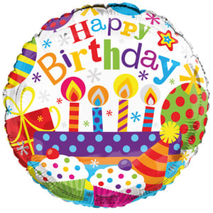 A happy birthday balloon with cupcakes and candles on it.
