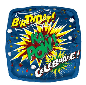 A blue balloon that says "Birthday Ka Pow Celebrate".