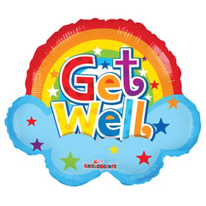 a get well balloon with a rainbow and stars