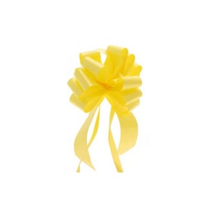 A yellow bow with a ribbon attached to it is on a white background.