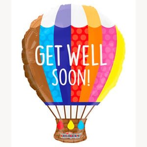 A colorful hot air balloon says, "Get well soon."