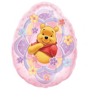 A pink balloon with Winnie the Pooh on it.